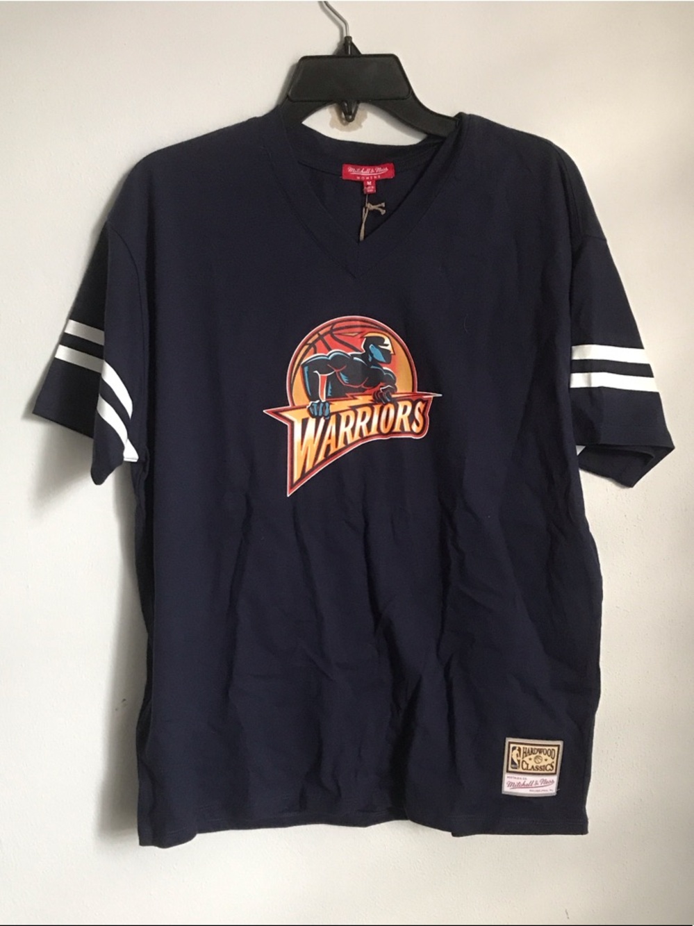 Mitchell & Ness Navy Warriors V-Neck Tee with White Sleeve Stripes